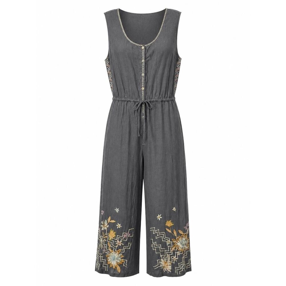 Johnny Was Gray Elia Linen Embroidered Wide Leg Cropped Jumpsuit Size L